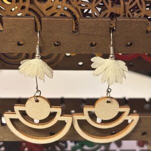 Hand Crafted Cream Wood Layered Drop Earrings